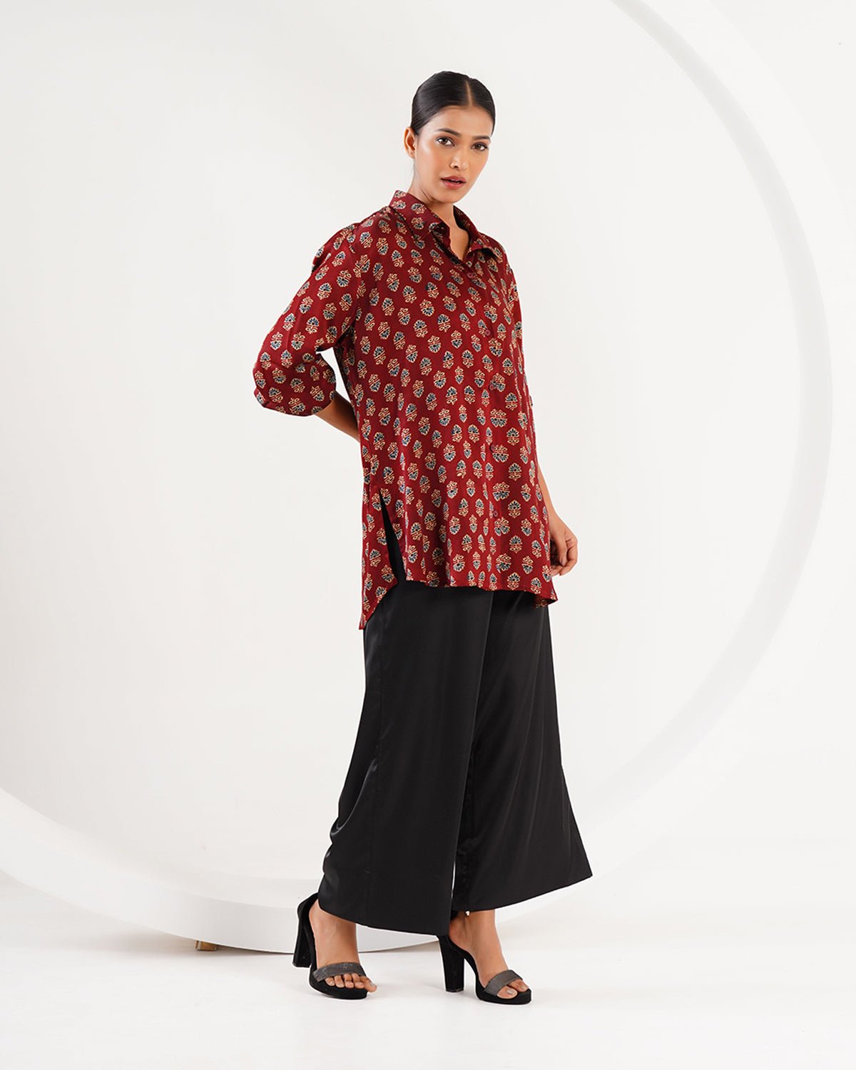 Ajrakh Flower Block Print Set - Burgundy /Black - Mayura Kumar