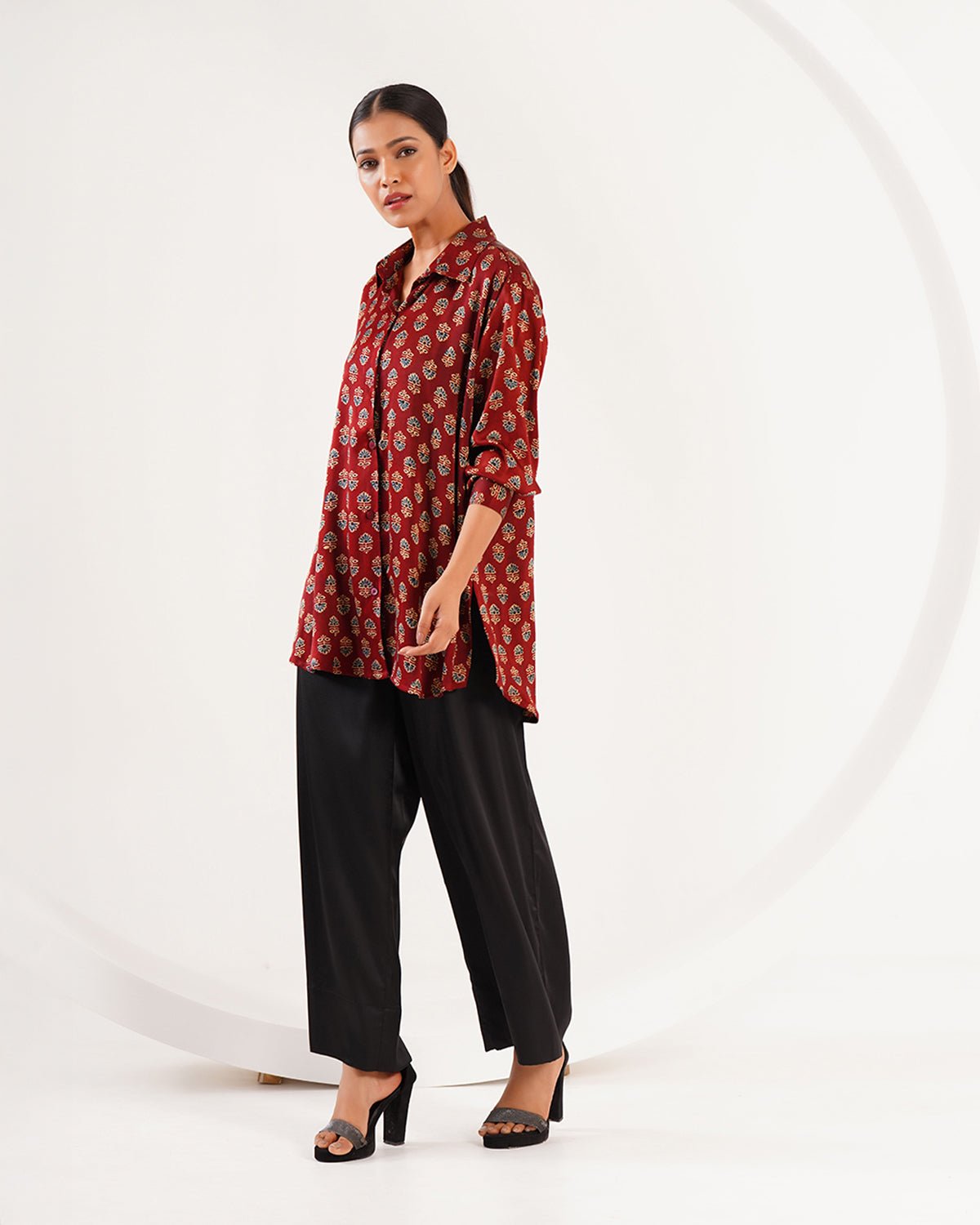 Ajrakh Flower Block Print Set - Burgundy /Black - Mayura Kumar