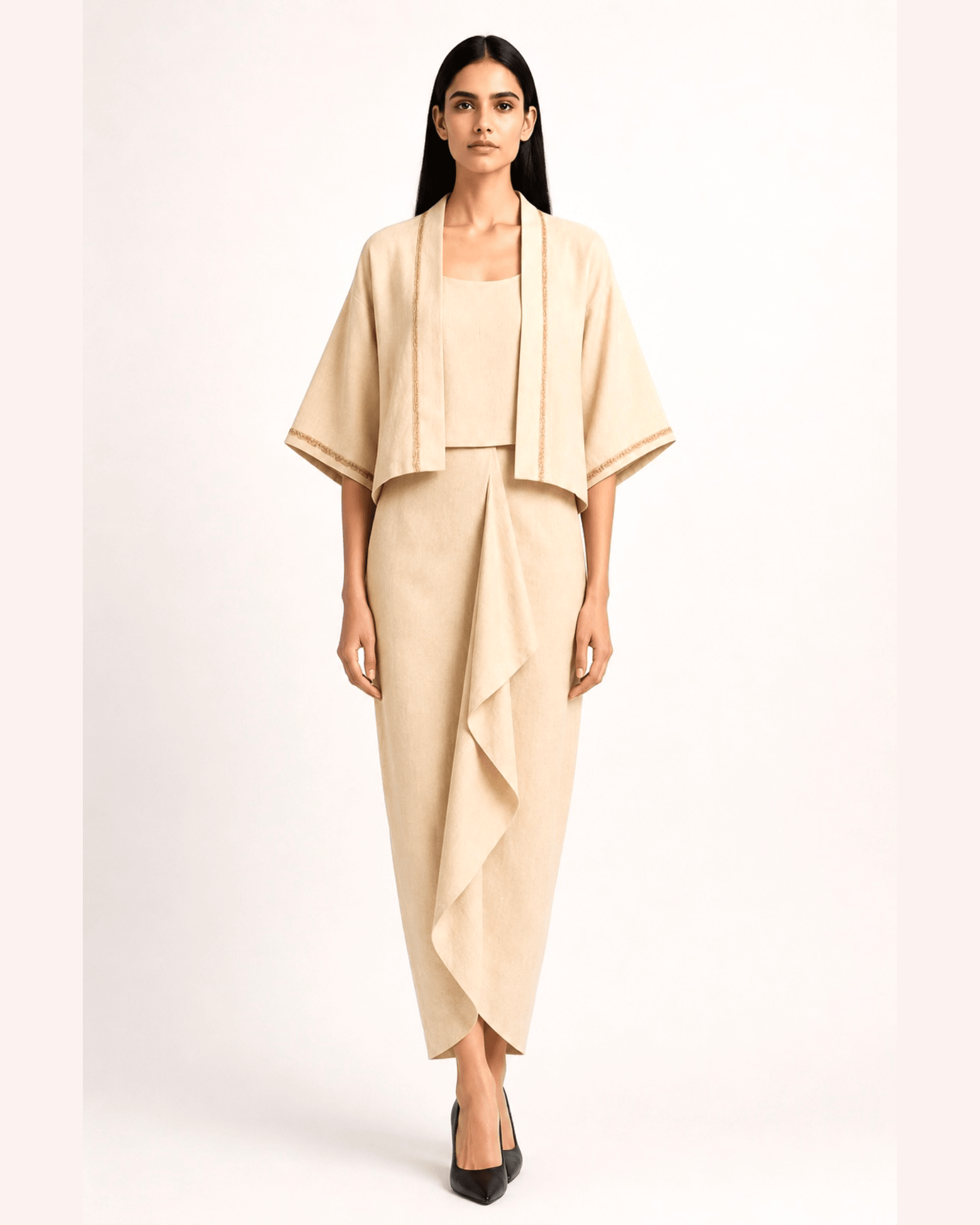 Draped Skirt Camisole Jacket Set Khadi - Ivory / Gold - Mayura Kumar