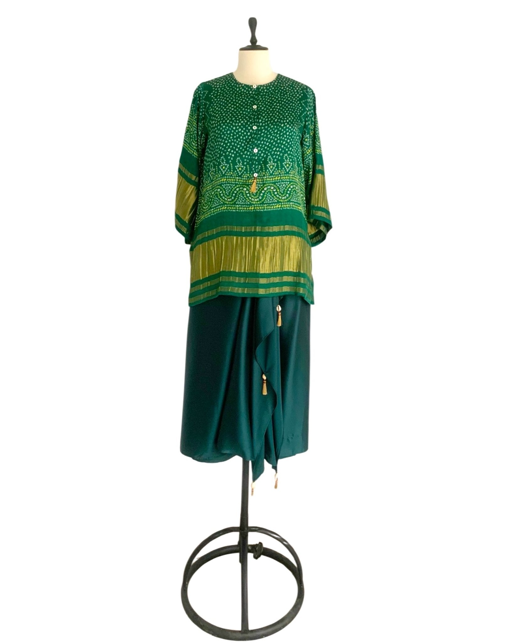 Draped Skirt Kurti Set Bandhej - Green / Gold - Mayura Kumar