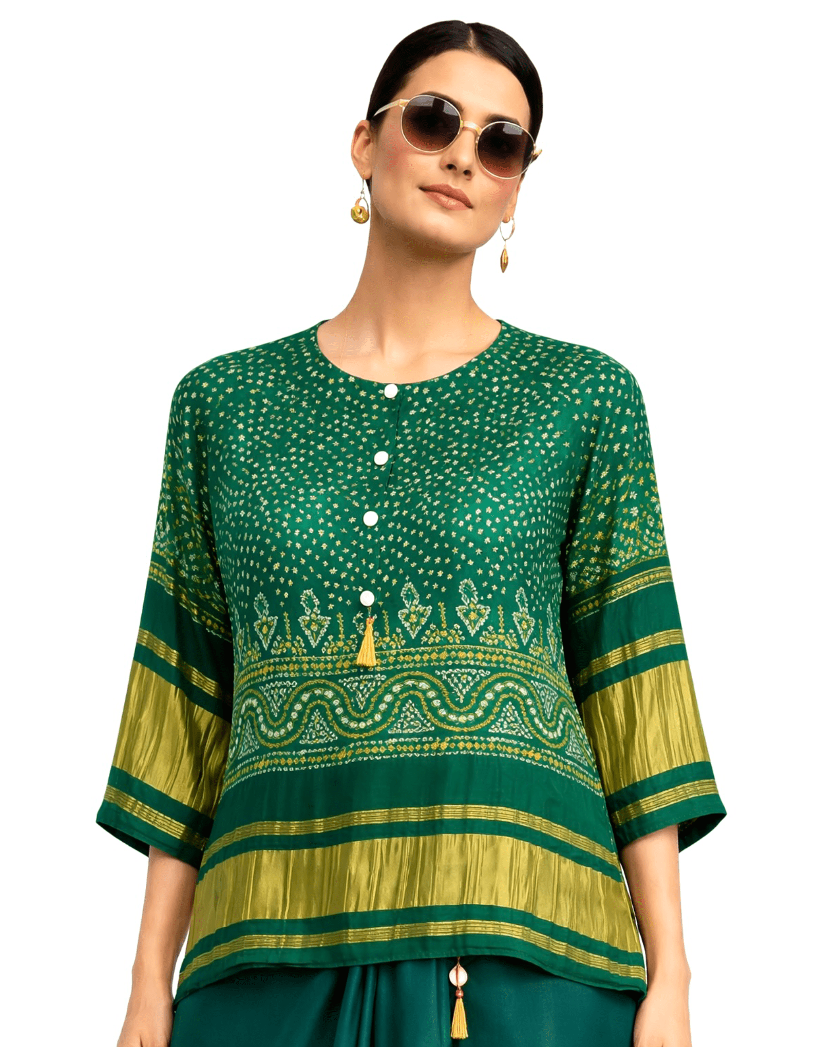 Draped Skirt Kurti Set Bandhej - Green / Gold - Mayura Kumar