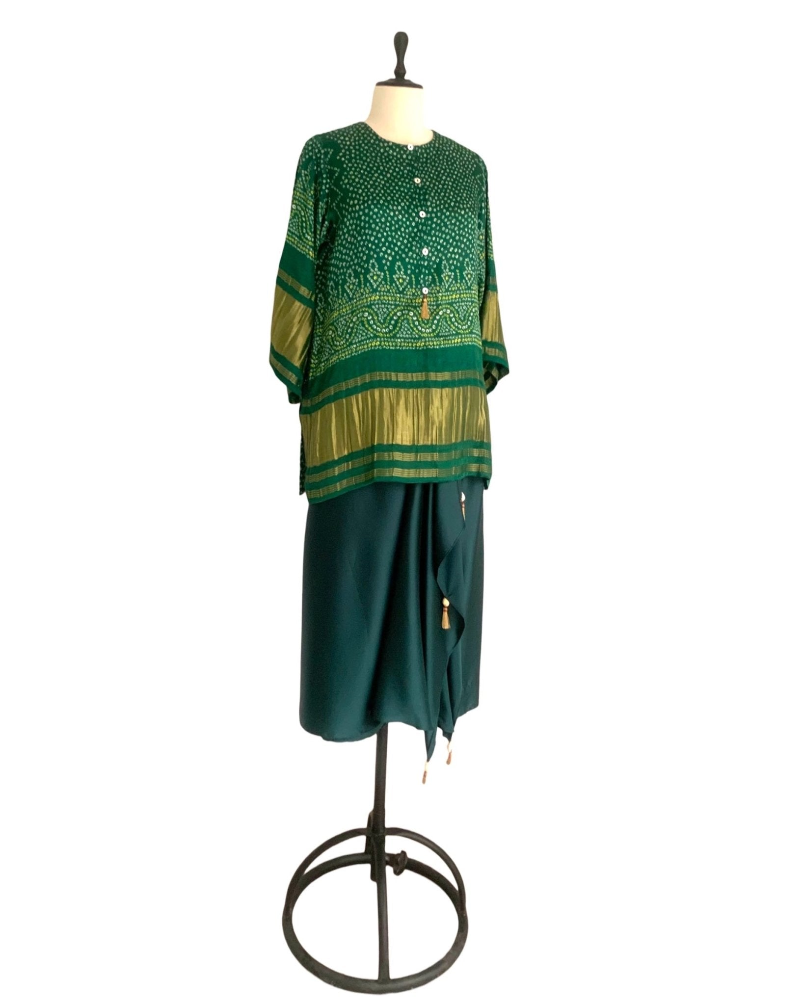 Draped Skirt Kurti Set Bandhej - Green / Gold - Mayura Kumar