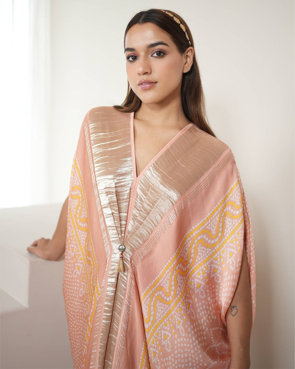 Kaftan Bandhej - Blush Pink / Gold - Mayura Kumar