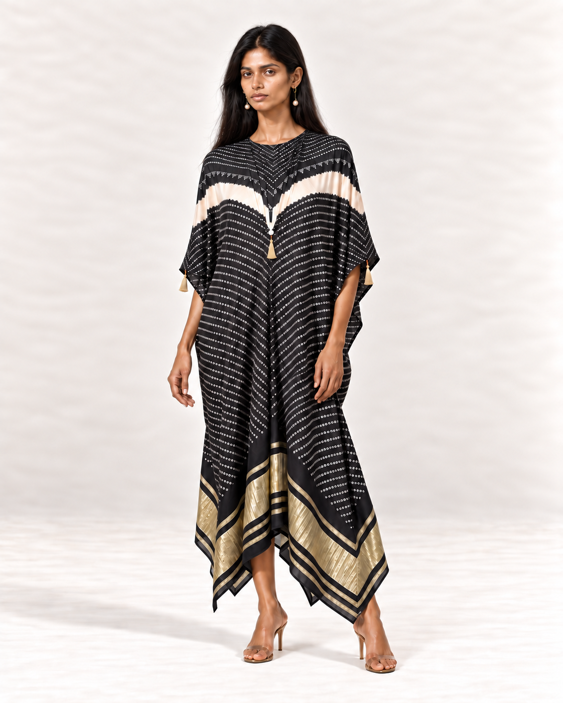Charcoal, ivory and black Bandhej kaftan on model, front view