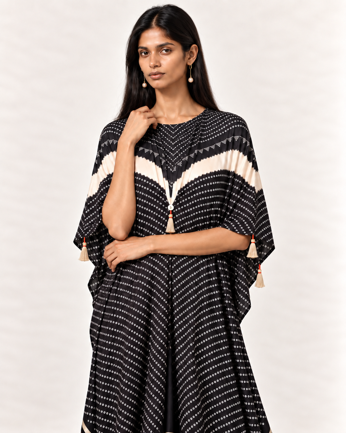 Charcoal, ivory and black Bandhej kaftan on model, zoomed front view