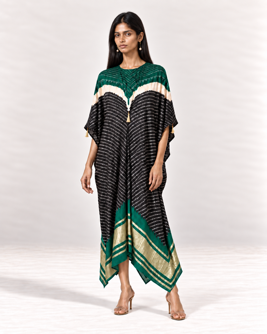 Green, ivory and black Bandhej kaftan on model, front view