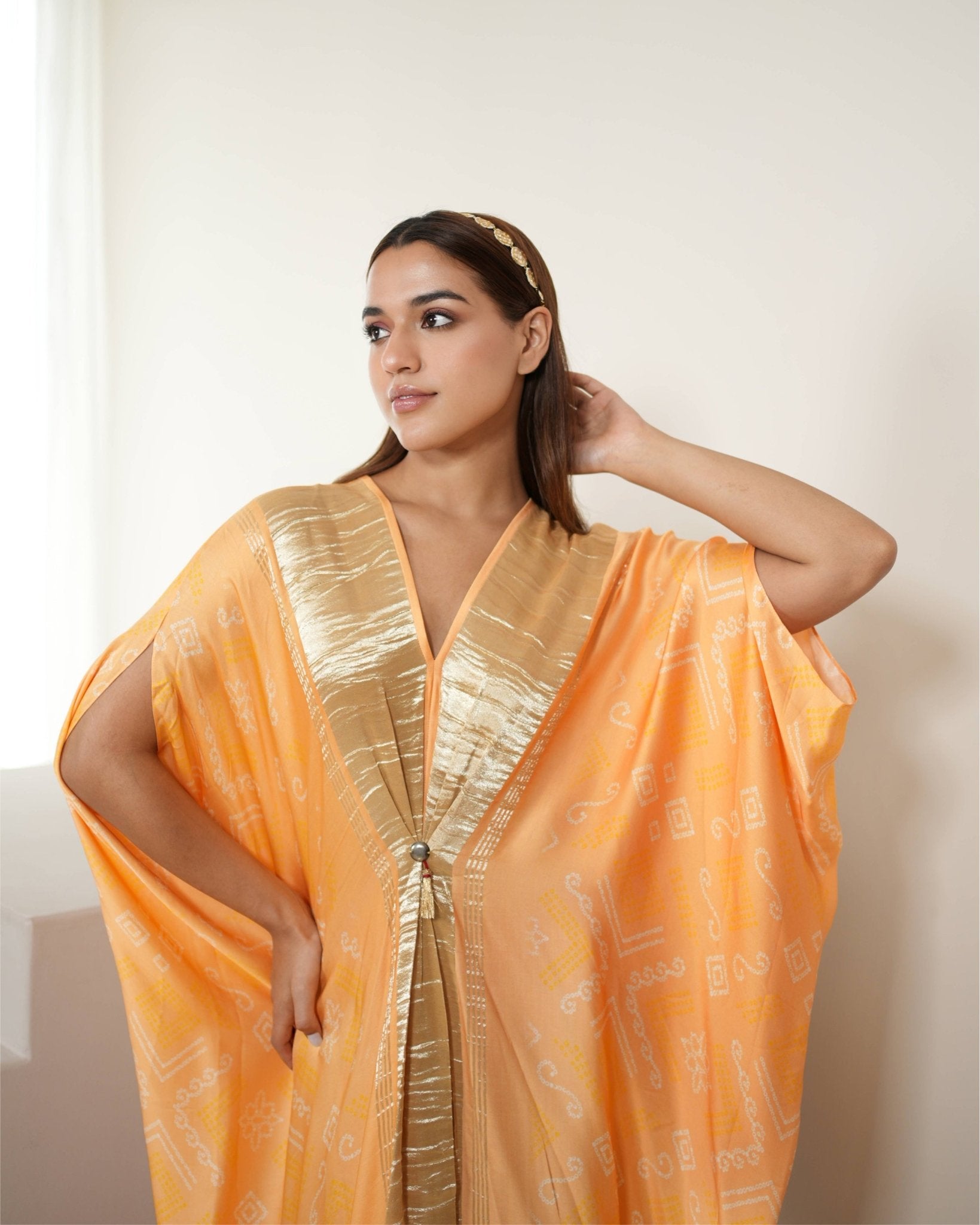 Kaftan Bandhej - Peach / Gold - Mayura Kumar