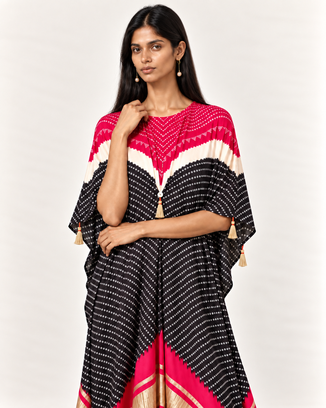 Pink, ivory and black Bandhej kaftan on model, zoomed front view