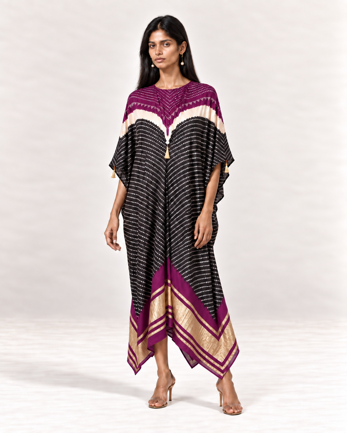 Purple, ivory and black Bandhej kaftan on model, front view