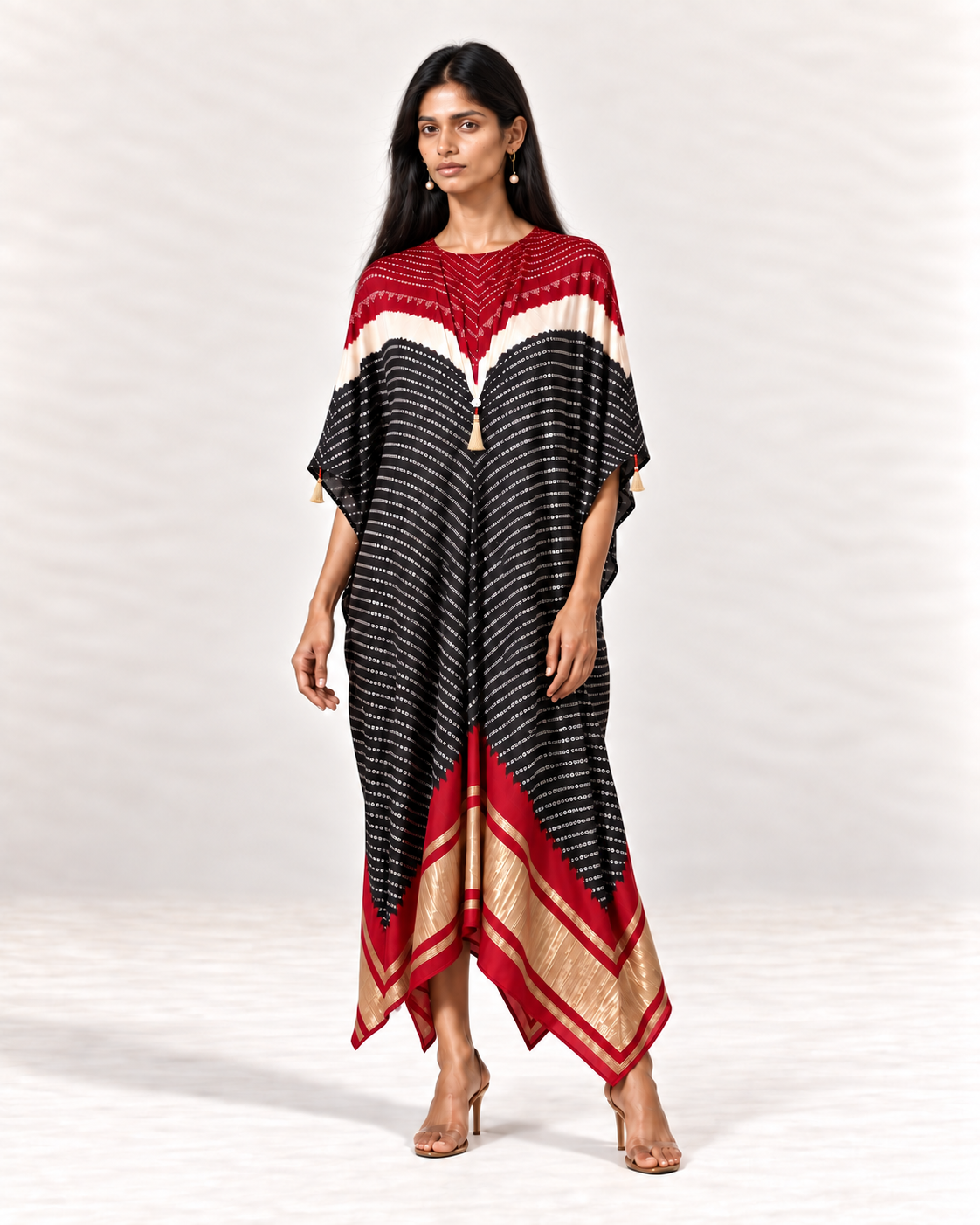 Red, ivory and black Bandhej kaftan on model, front view