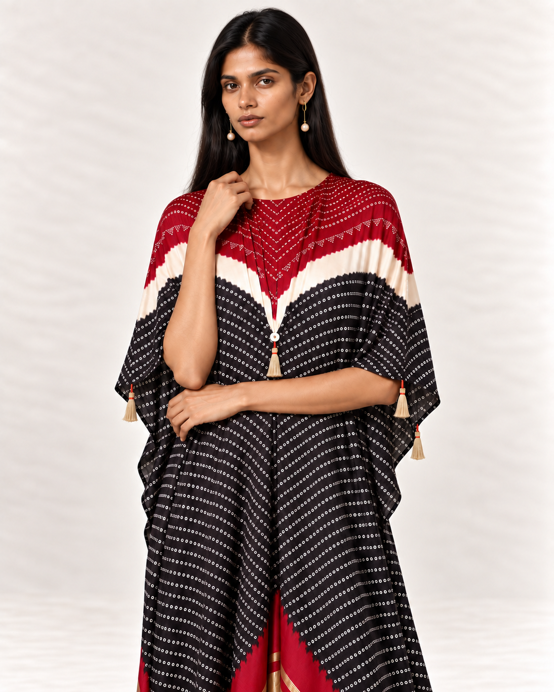 Red, ivory and black Bandhej kaftan on model, zoomed front view