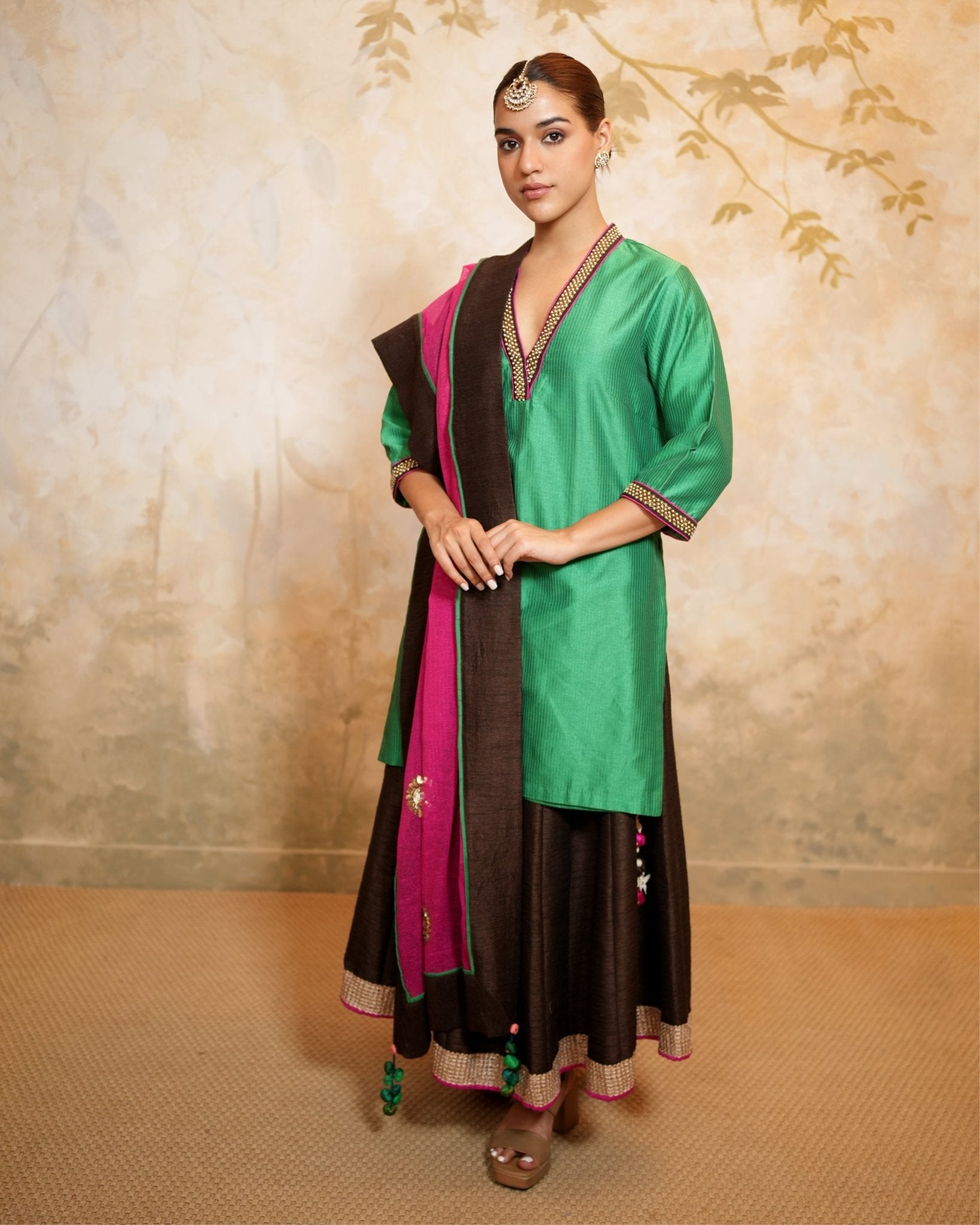 Kurta Lehenga Set Embroidery - Green / Fuchsia / Brown / Gold - Mayura Kumar