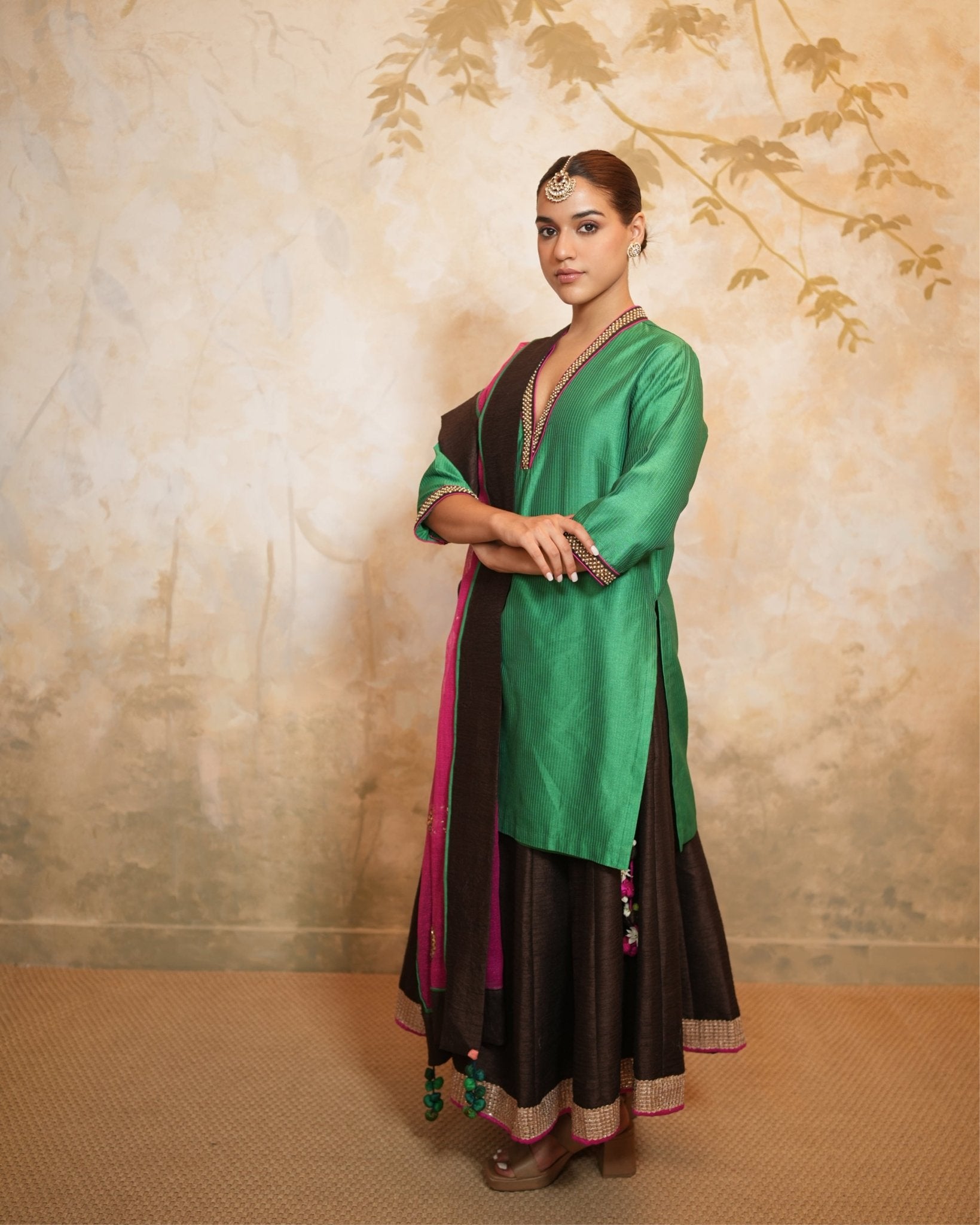 Kurta Lehenga Set Embroidery - Green / Fuchsia / Brown / Gold - Mayura Kumar