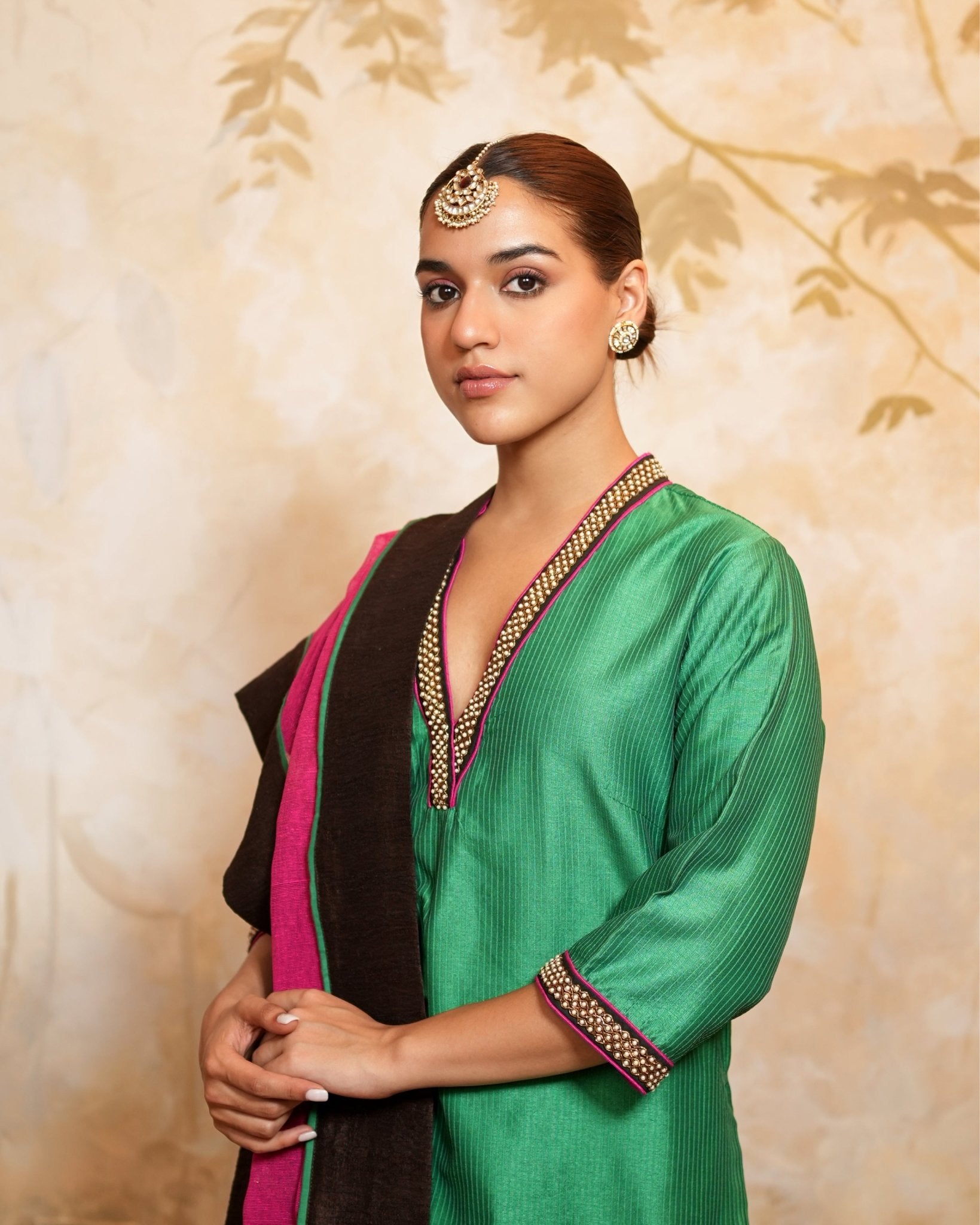 Kurta Lehenga Set Embroidery - Green / Fuchsia / Brown / Gold - Mayura Kumar
