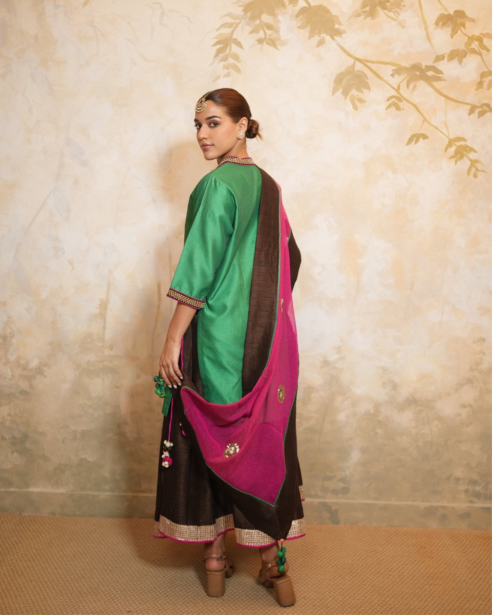 Kurta Lehenga Set Embroidery - Green / Fuchsia / Brown / Gold - Mayura Kumar