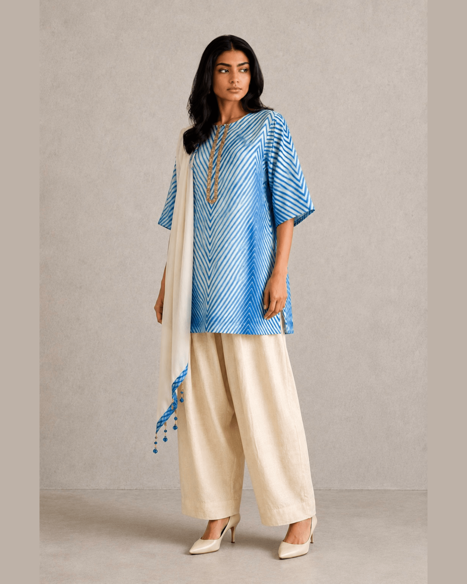 Kurta Set Arashi Shibori - Ivory/ Blue - Mayura Kumar