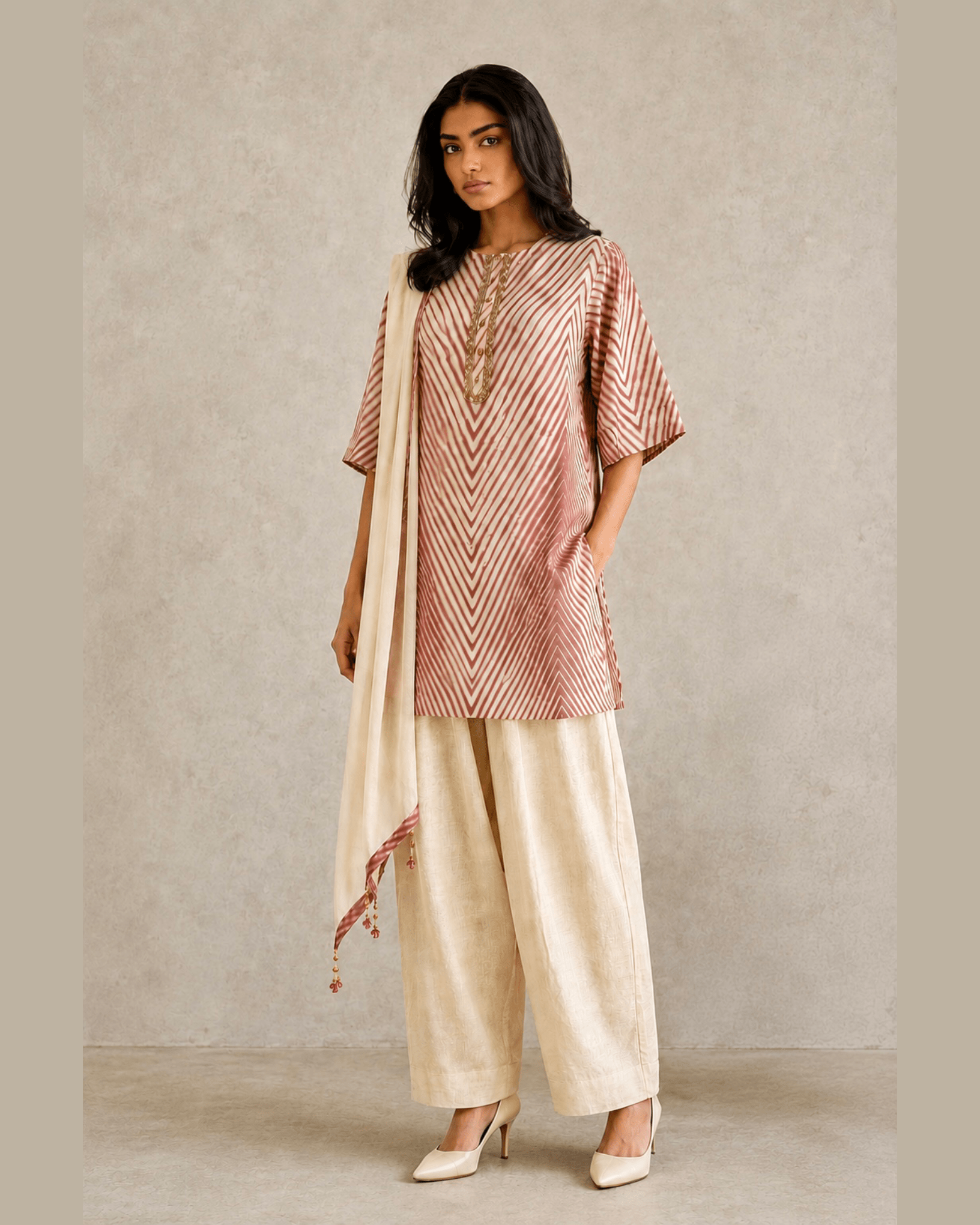 Kurta Set Arashi Shibori - Ivory/ Burgundy - Mayura Kumar