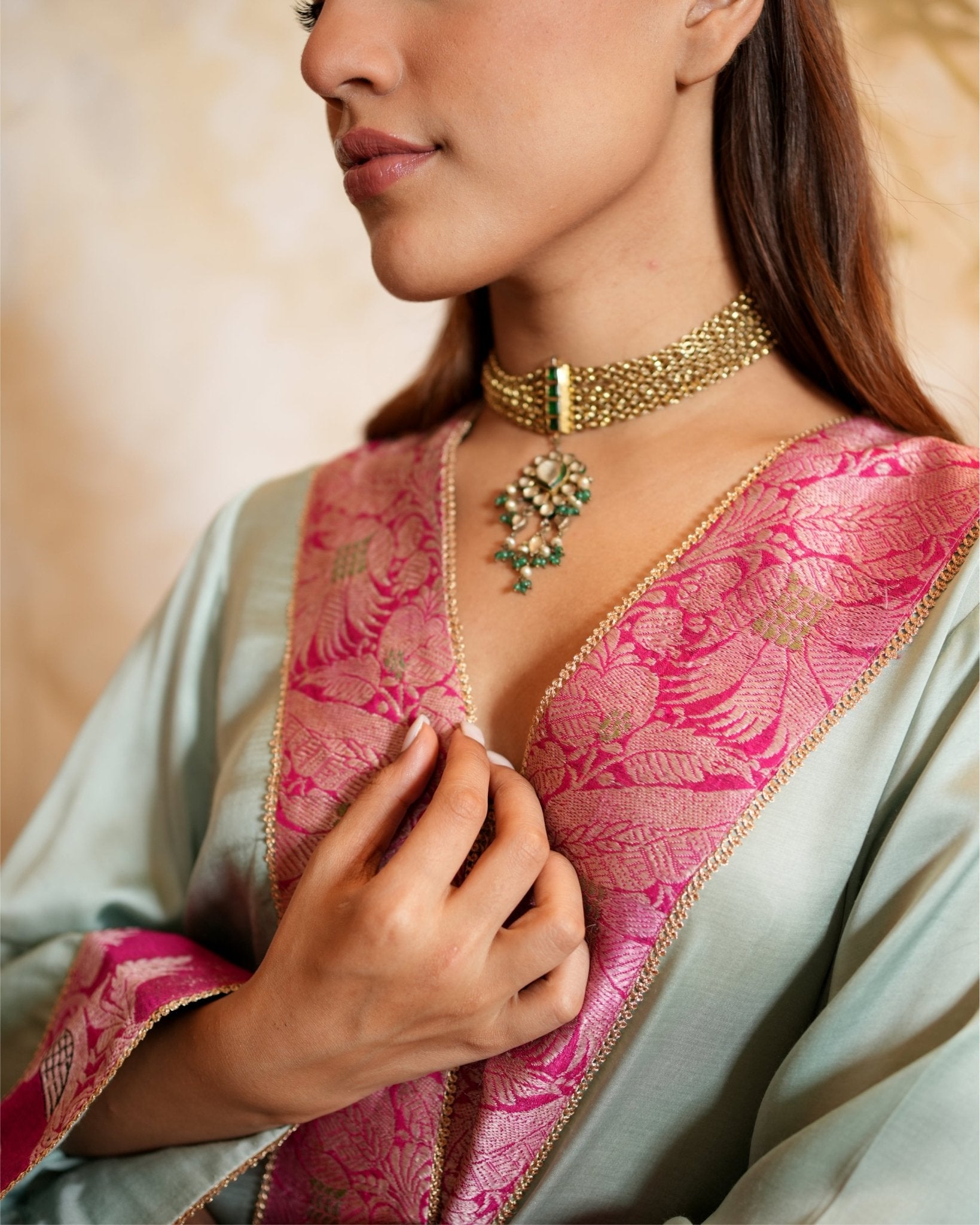 Kurta Set Banarasi - Mint / Fuchsia / Gold - Mayura Kumar
