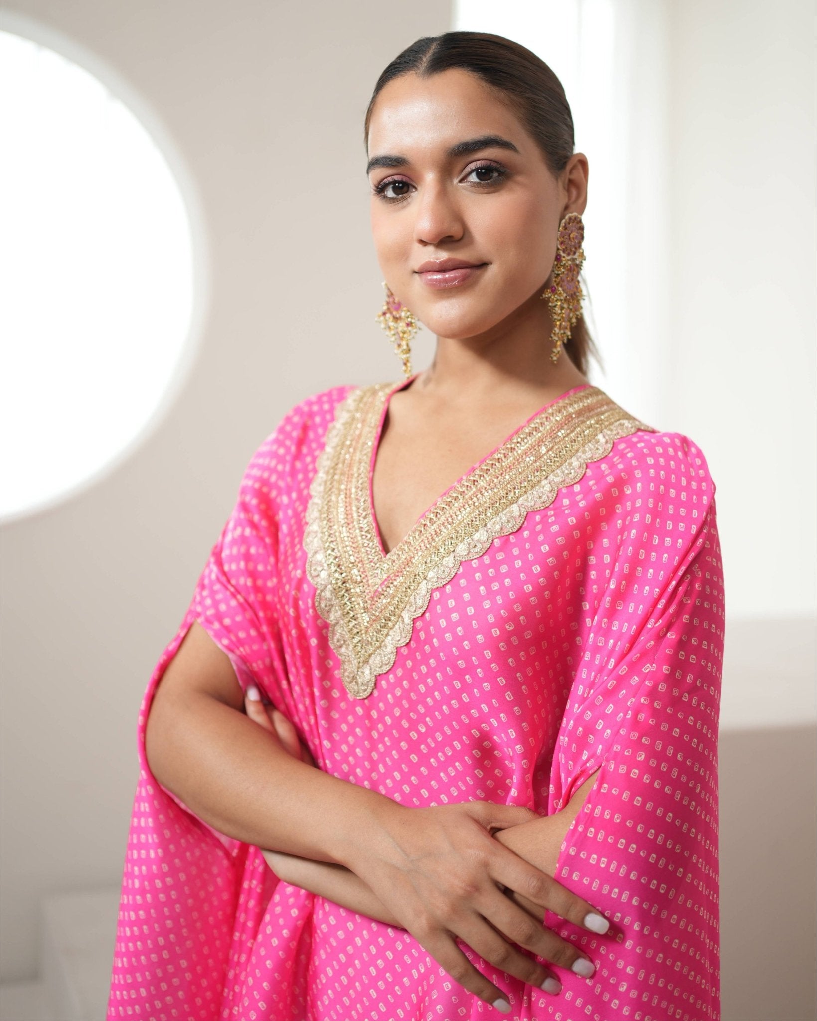 Kurta Set Bandhej - Fuchsia Pink / Ivory / Gold - Mayura Kumar