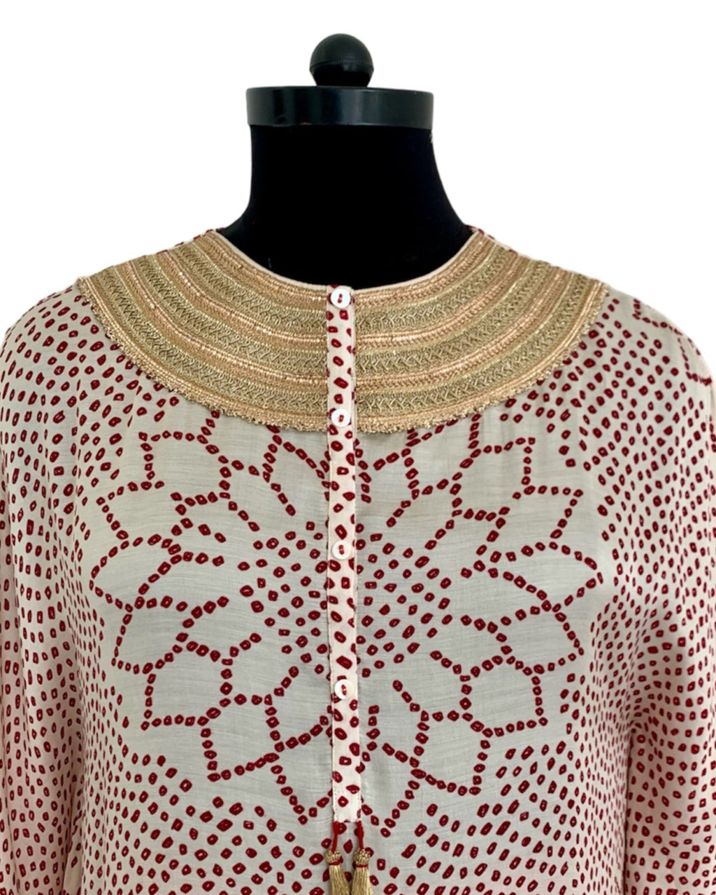 Kurta Set Bandhej - Ivory / Burgundy Red / Gold - Mayura Kumar
