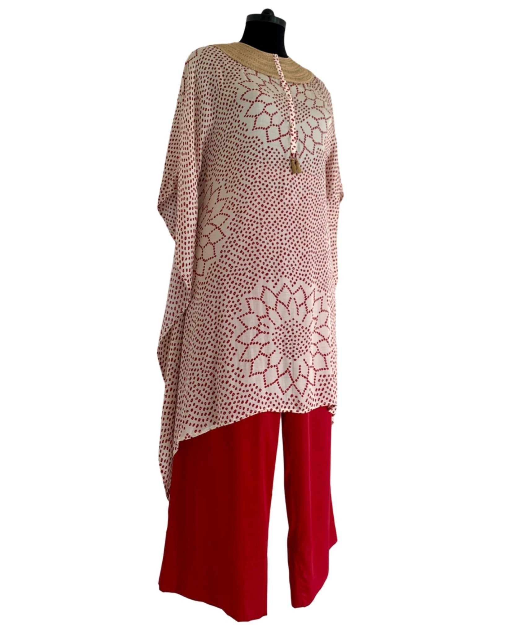 Kurta Set Bandhej - Ivory / Burgundy Red / Gold - Mayura Kumar