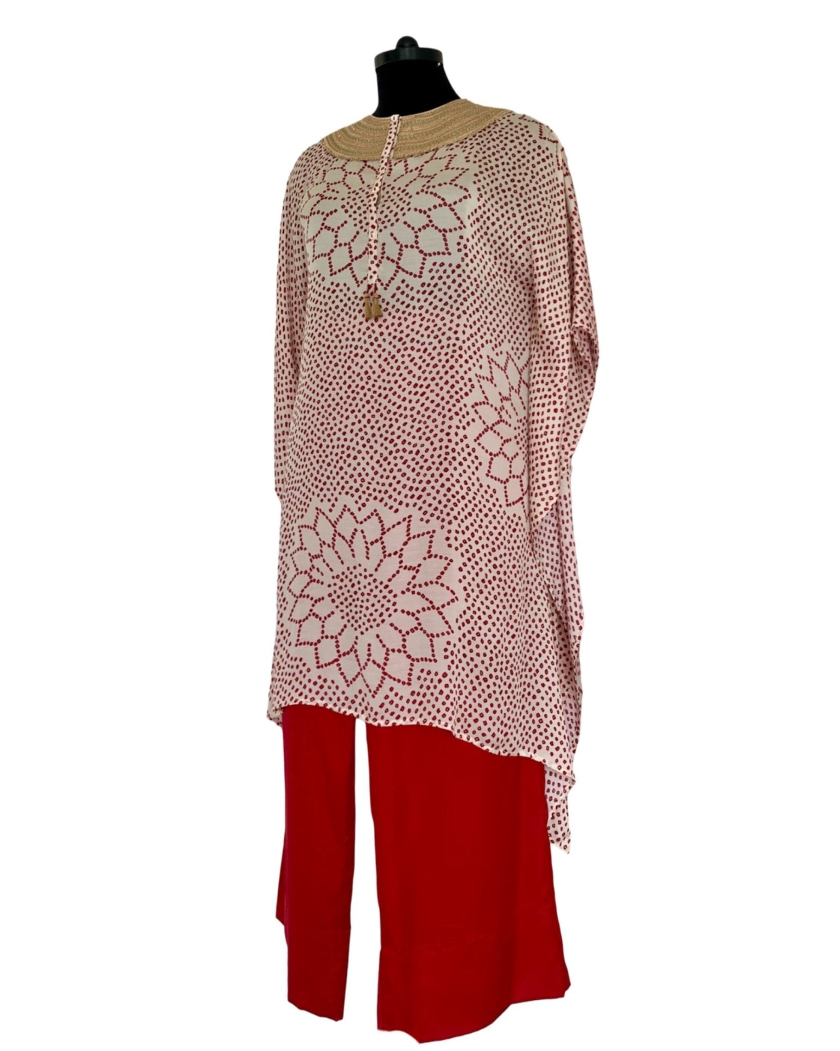 Kurta Set Bandhej - Ivory / Burgundy Red / Gold - Mayura Kumar