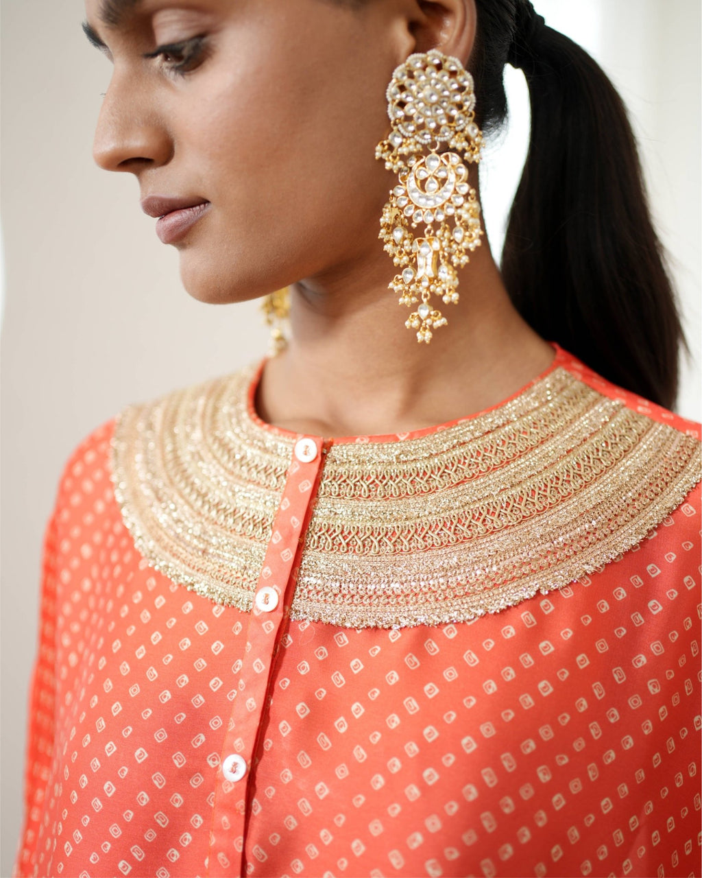 Kurta Set Bandhej - Orange / Ivory / Gold - Mayura Kumar