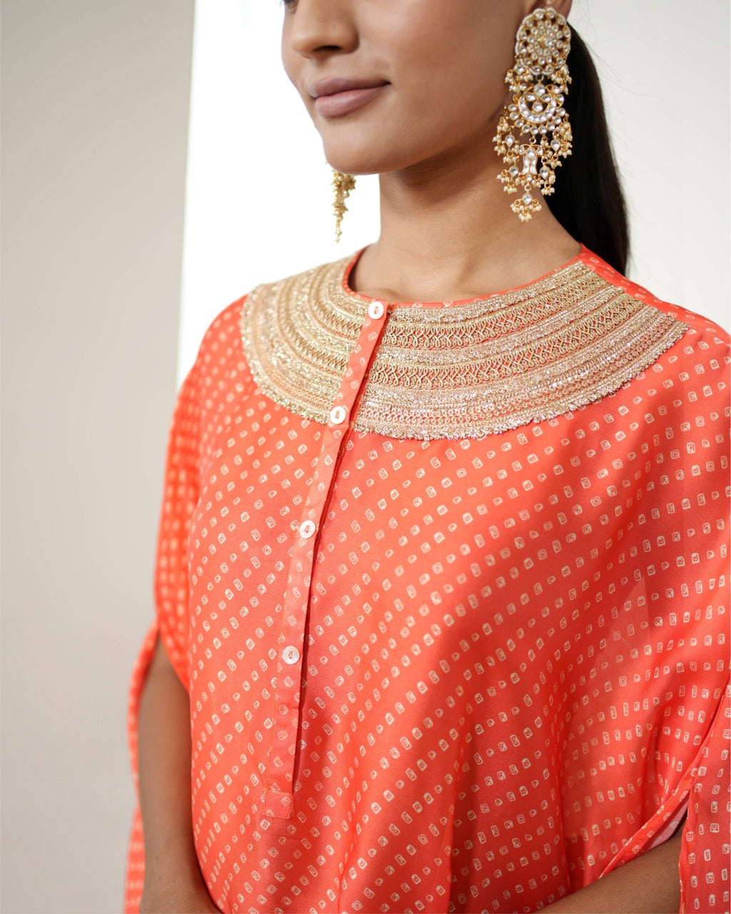 Kurta Set Bandhej - Orange / Ivory / Gold - Mayura Kumar