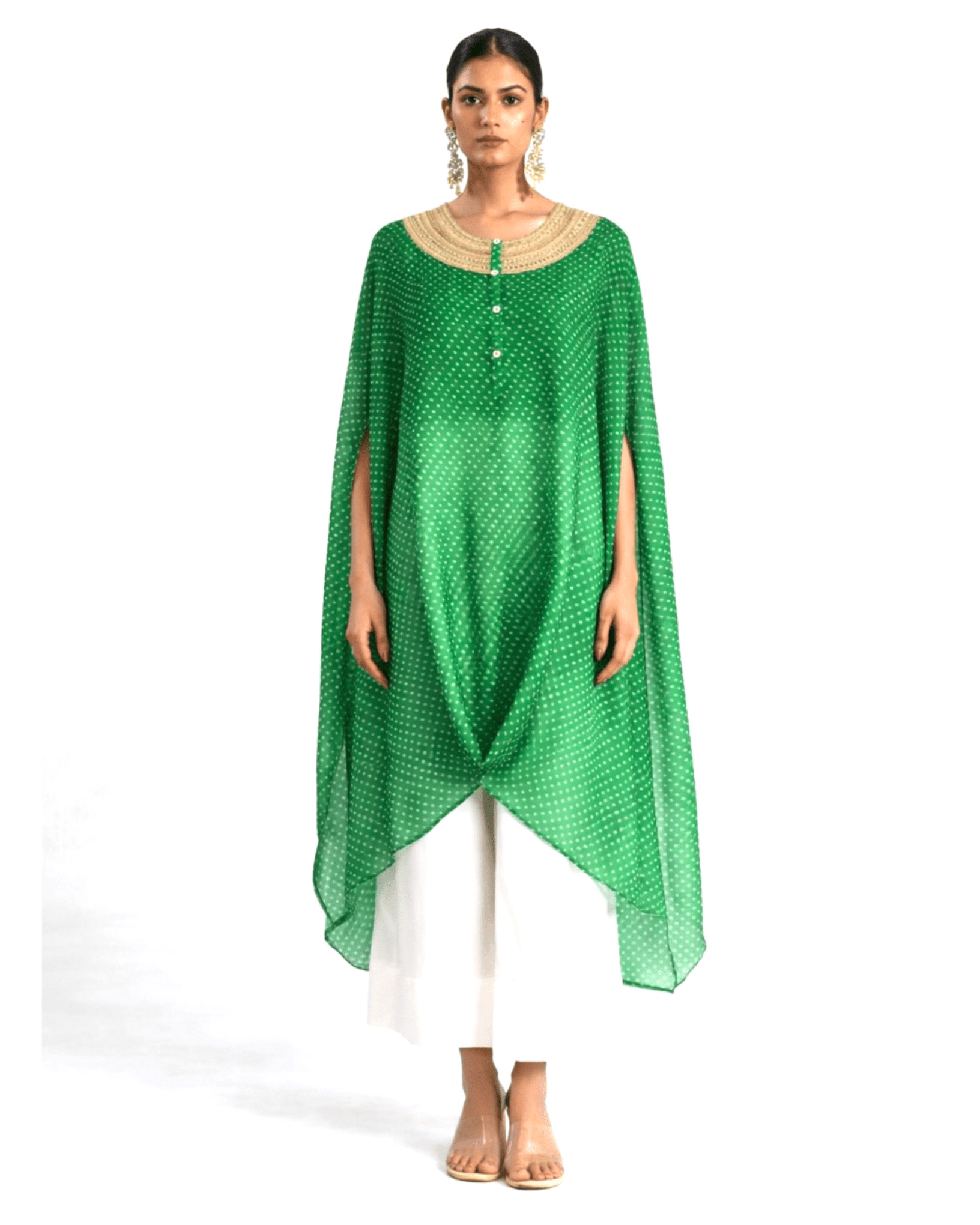 Kurta Set Bandhej - Parrot Green / Ivory / Gold - Mayura Kumar