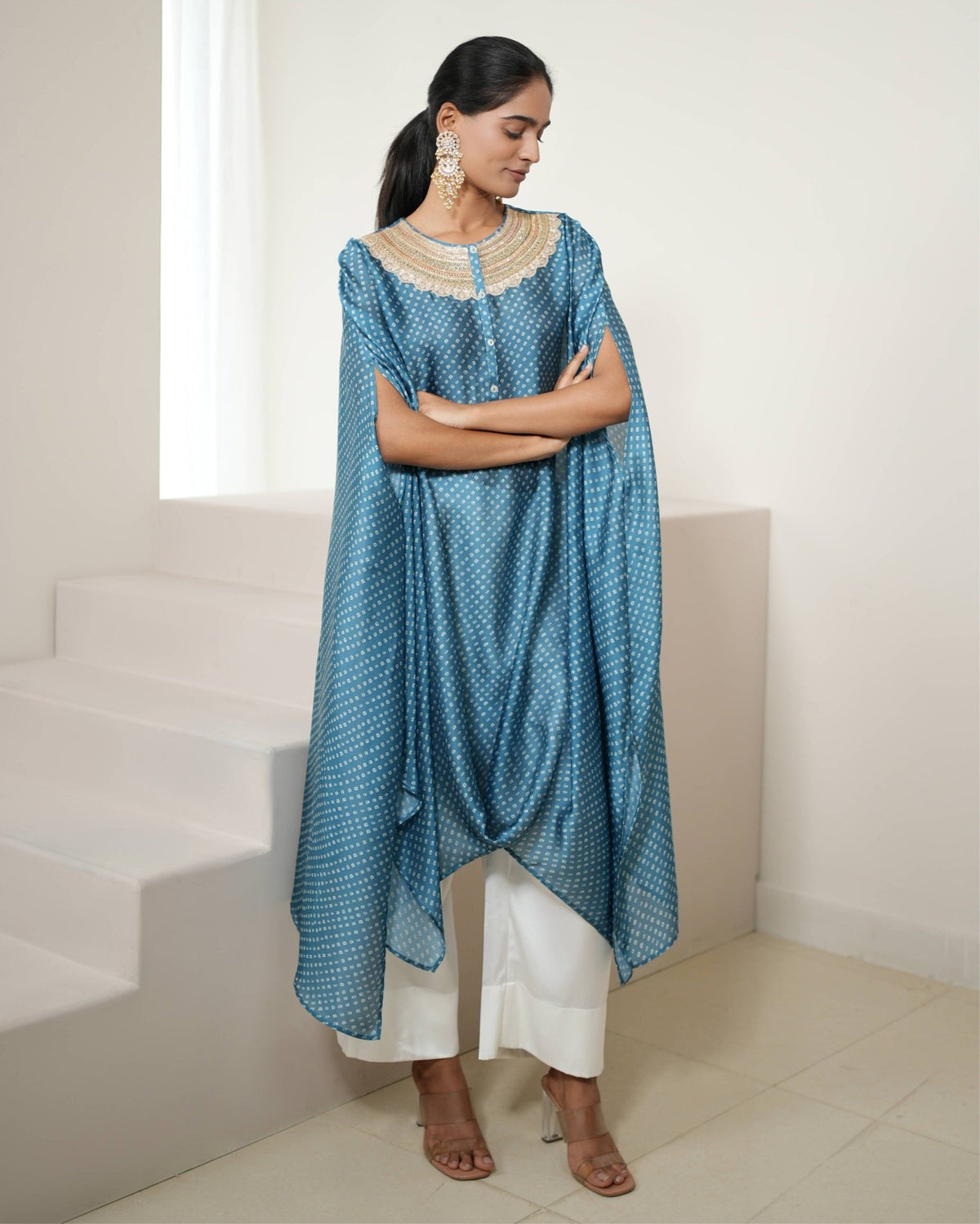 Kurta Set Bandhej - Teal Blue / Ivory / Gold - Mayura Kumar