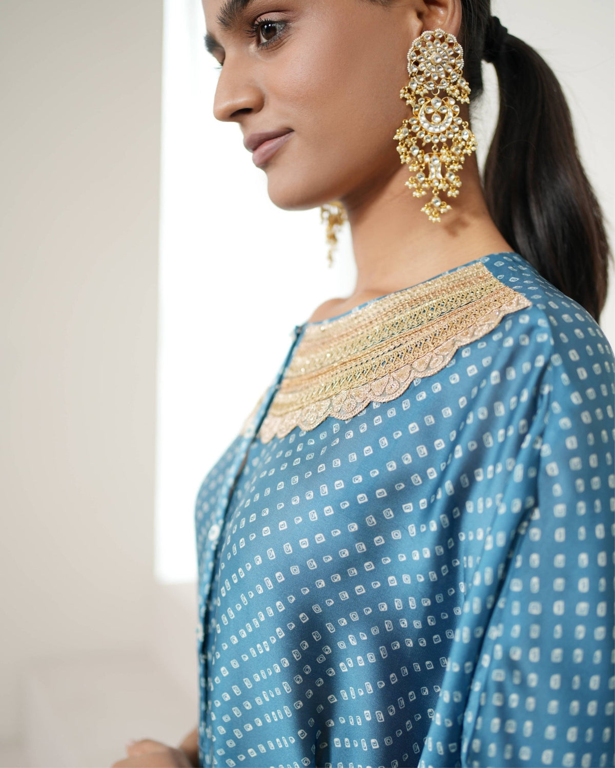 Kurta Set Bandhej - Teal Blue / Ivory / Gold - Mayura Kumar