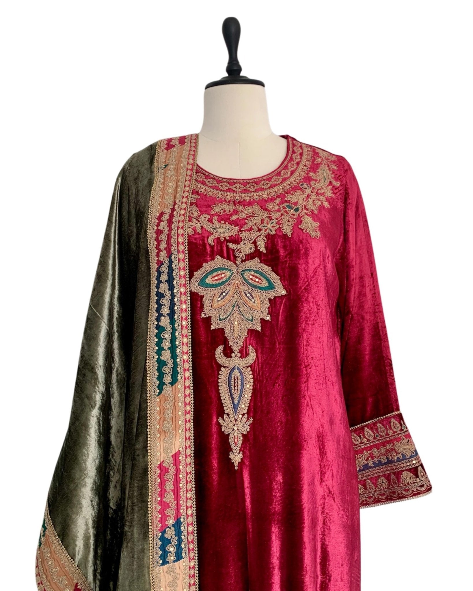 Kurta Set - Burgundy Red/ Olive/ Gold - Mayura Kumar