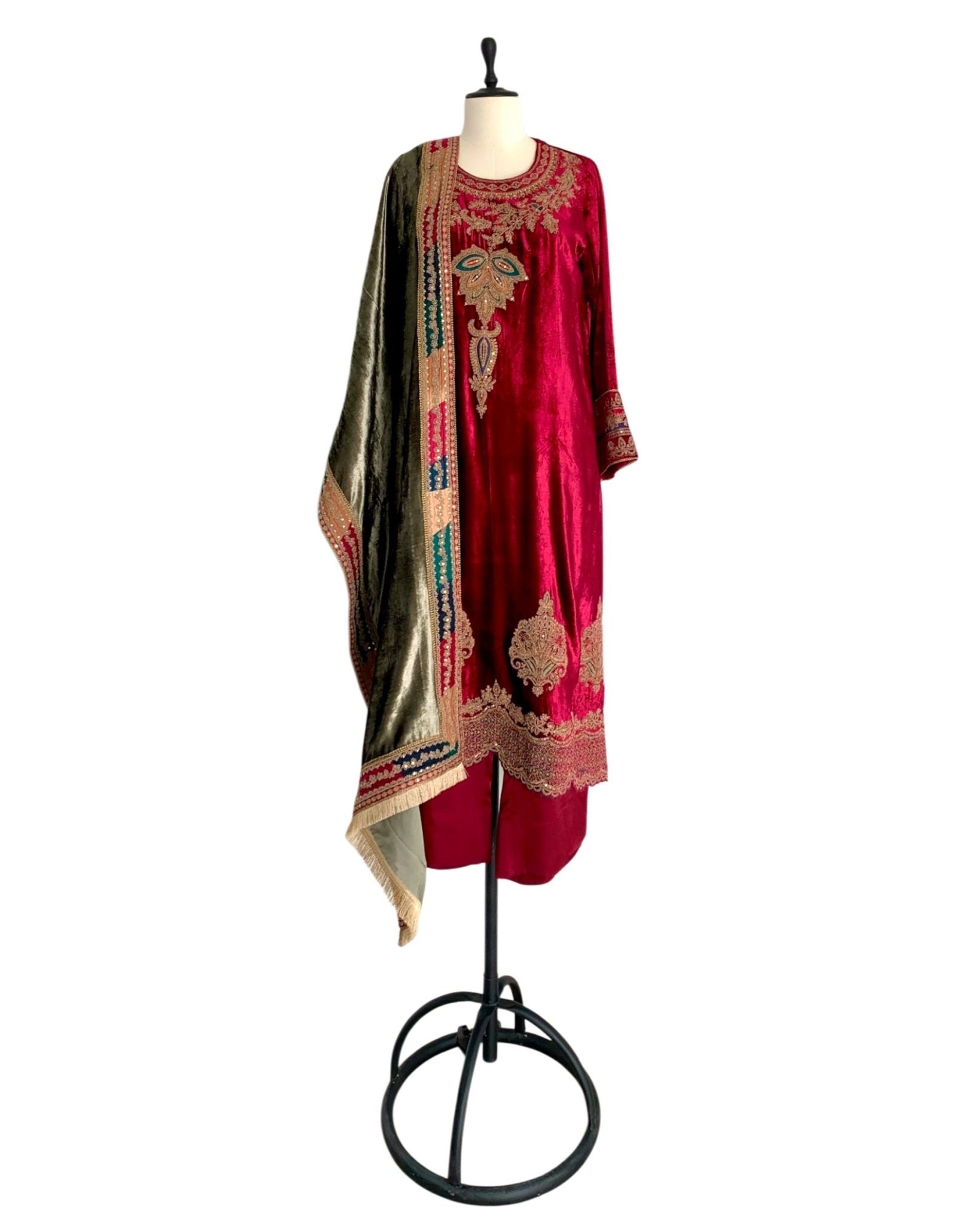 Kurta Set - Burgundy Red/ Olive/ Gold - Mayura Kumar