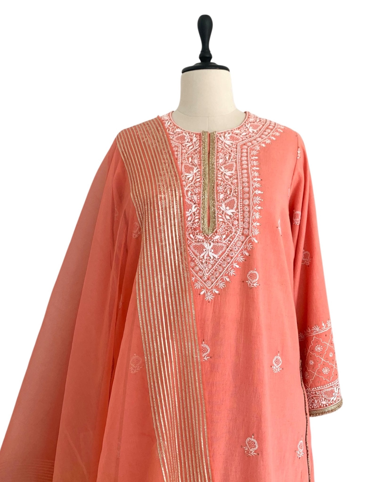 Kurta Set Chikankari - Coral Orange/ Gold / Silver - Mayura Kumar