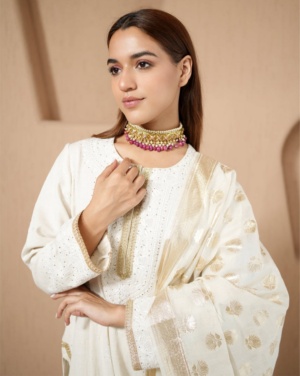 Kurta Set Chikankari - Ivory / Gold / Silver - Mayura Kumar