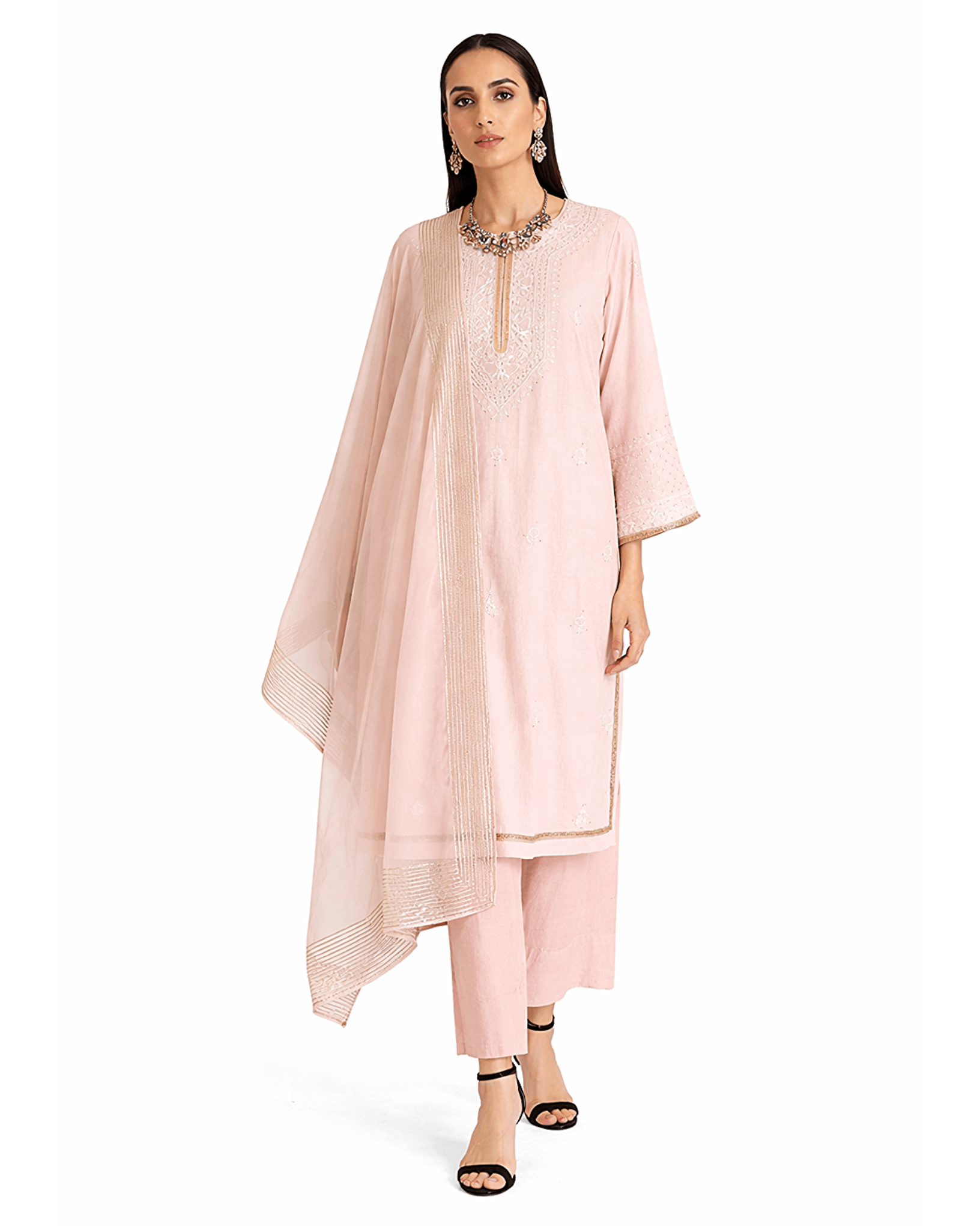 Kurta Set Chikankari - Salmon Pink/ Gold / Silver - Mayura Kumar