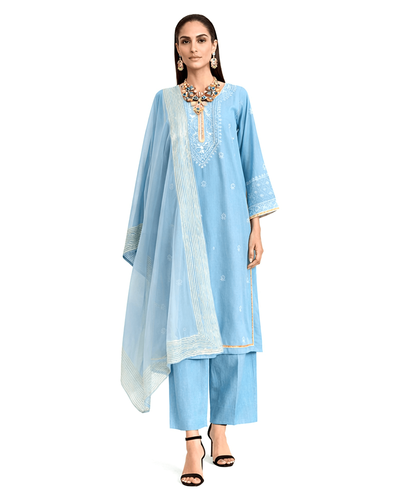 Kurta Set Chikankari - Sky Blue/ Gold / Silver - Mayura Kumar