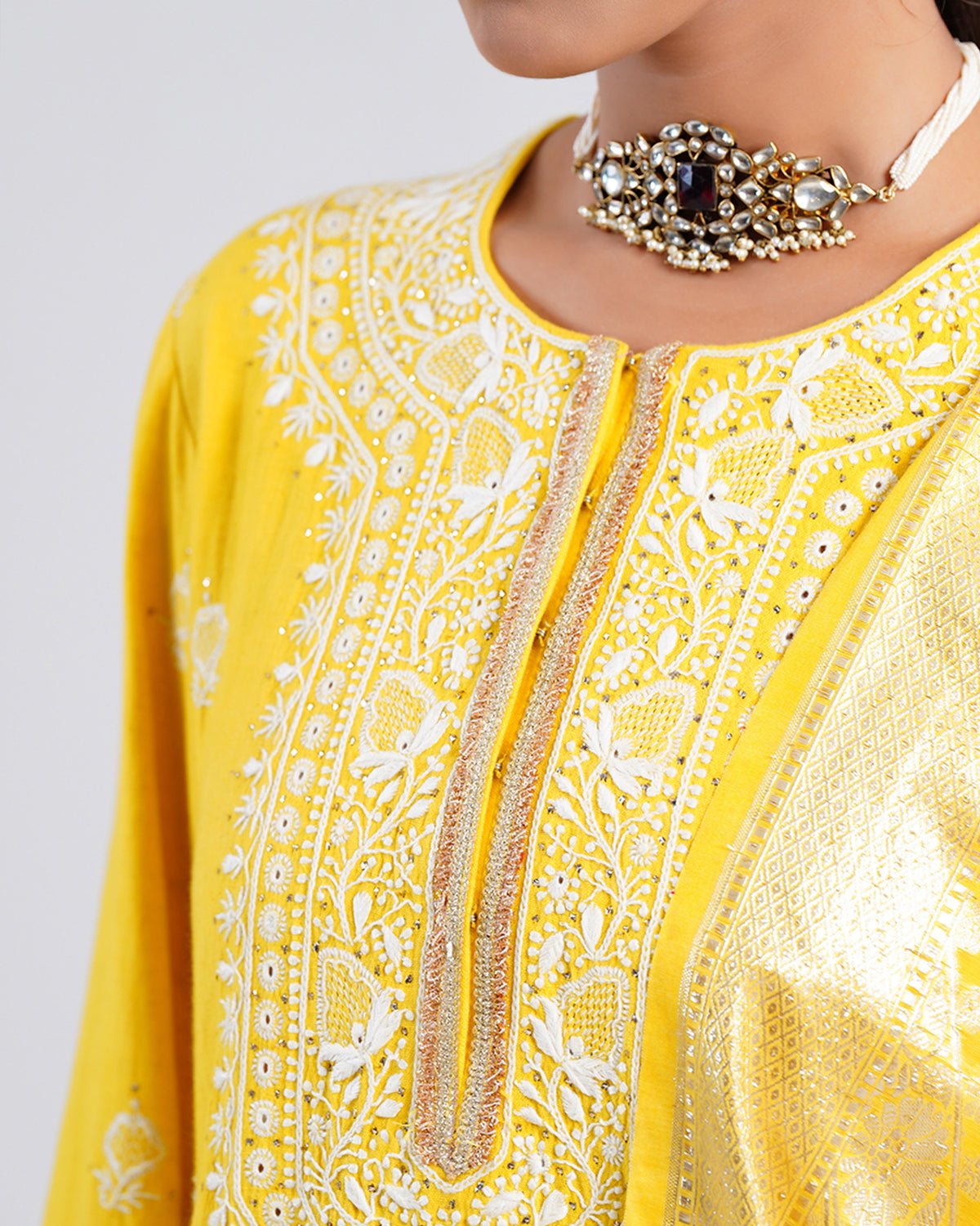 Kurta Set Chikankari - Yellow / Gold / Silver - Mayura Kumar