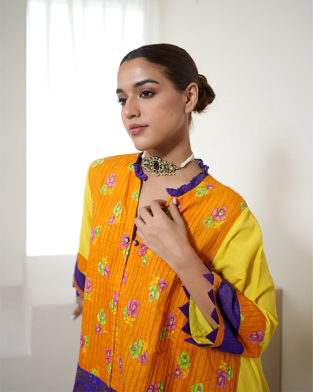 Kurta Set Floral Banarasi - Yellow / Orange / Purple / Ivory - Mayura Kumar