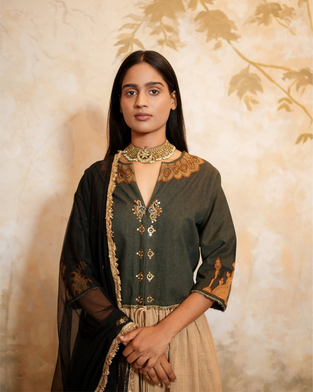 Kurta Set Kalamkari - Beige / Black /Gold - Mayura Kumar