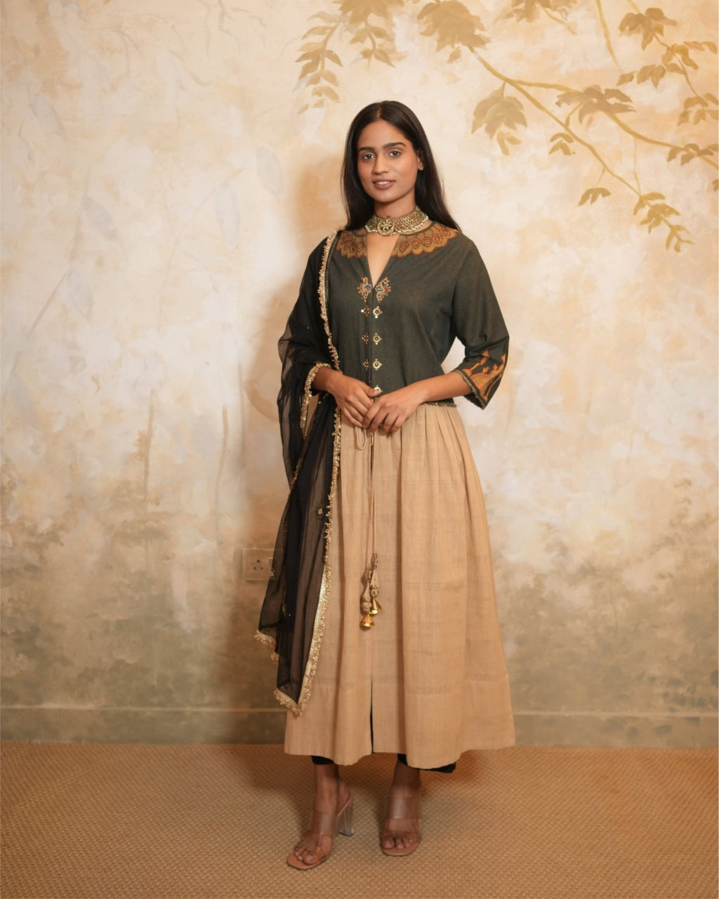 Kurta Set Kalamkari - Beige / Black /Gold - Mayura Kumar