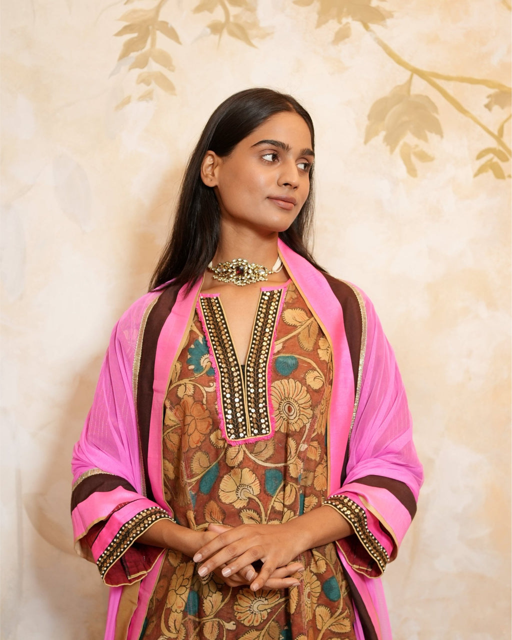 Kurta Set Kalamkari - Hot Pink / Burgundy / Brown - Mayura Kumar