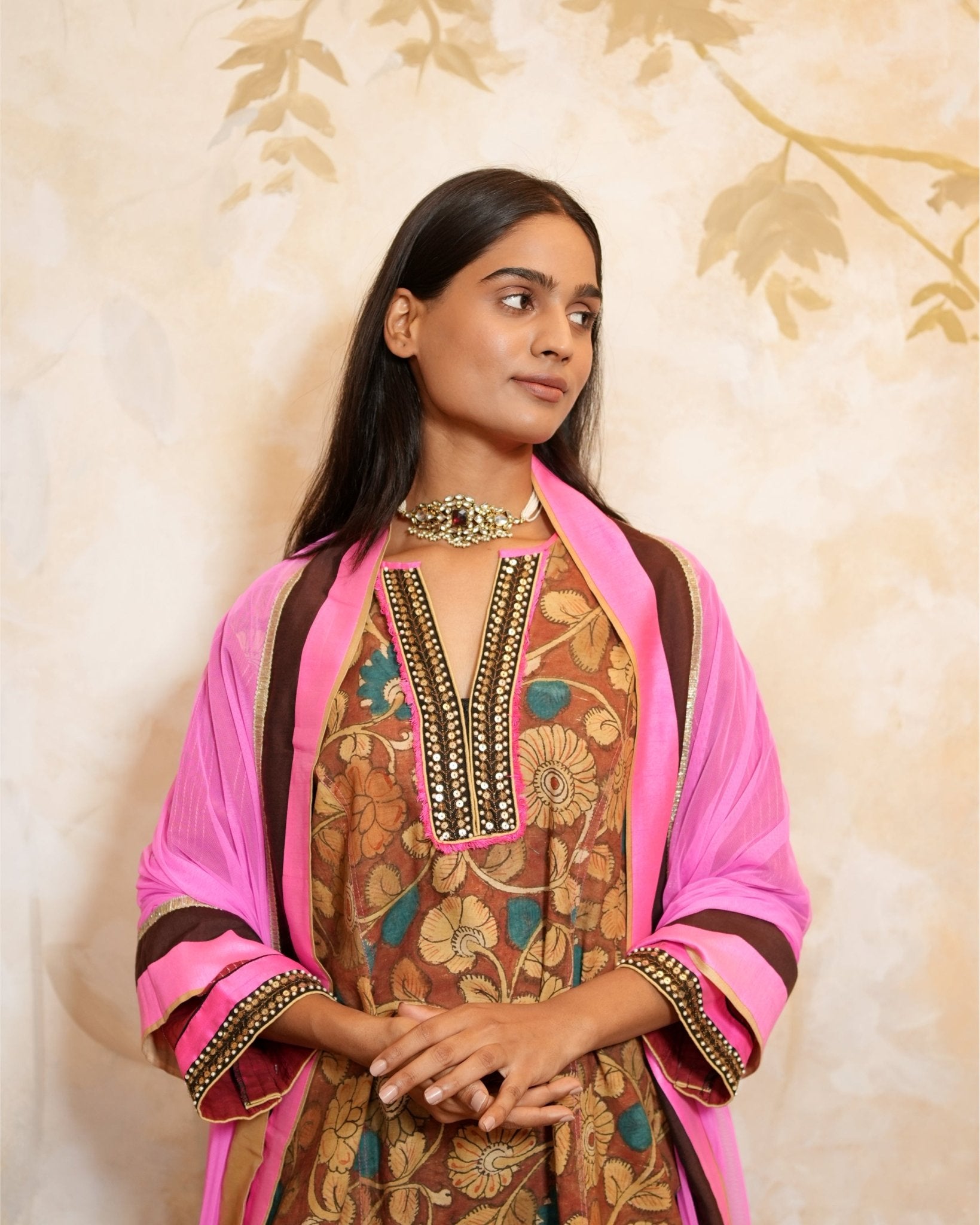 Kurta Set Kalamkari - Hot Pink / Burgundy / Brown - Mayura Kumar