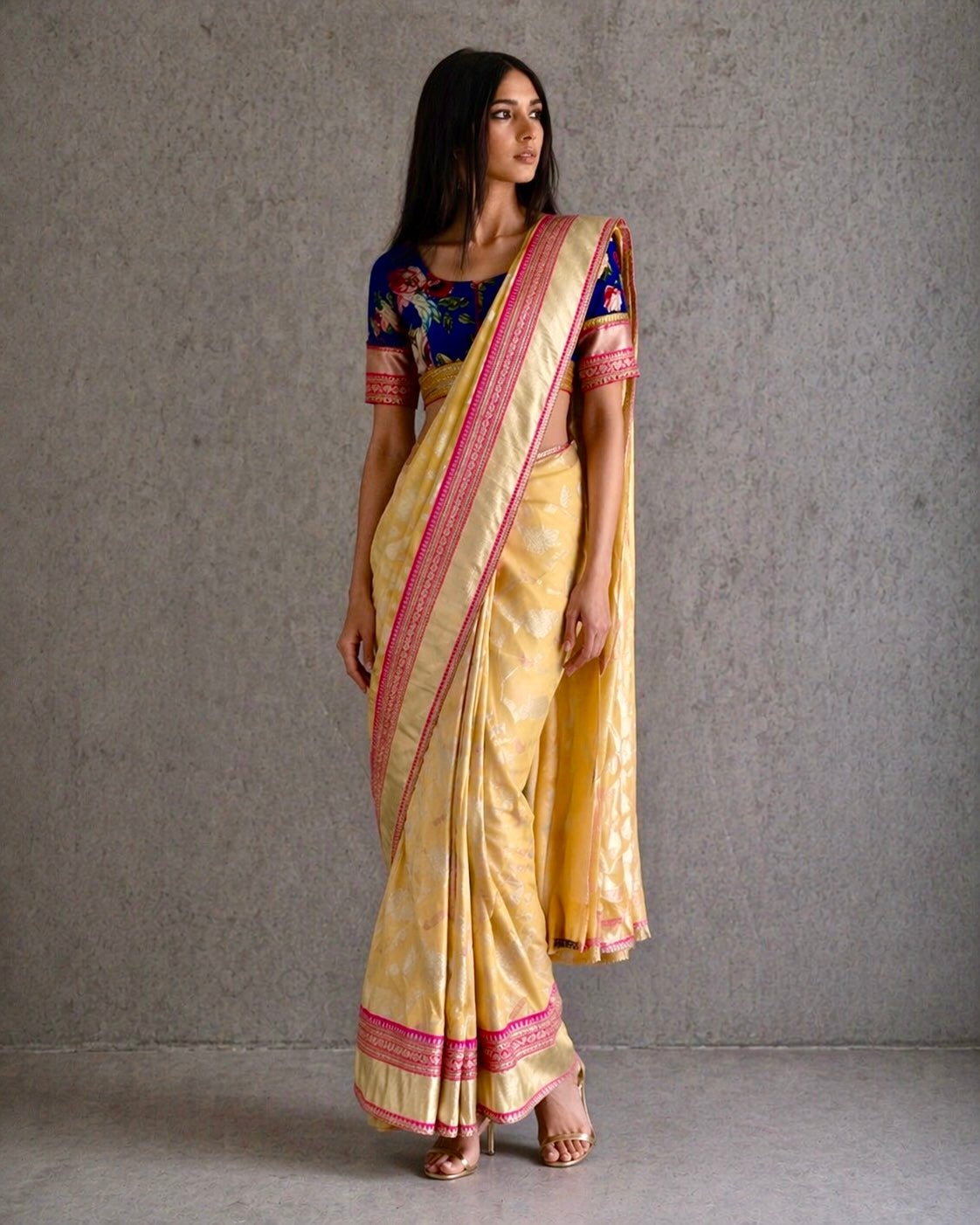 Saree Banarasi Floral - Lemon / Blue / Fuchsia - Mayura Kumar