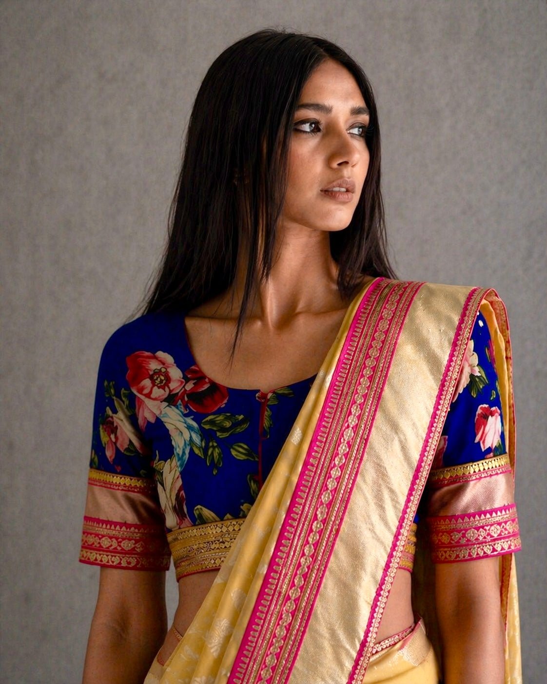 Saree Banarasi Floral - Lemon / Blue / Fuchsia - Mayura Kumar