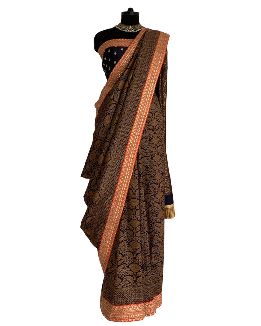 Saree Banarasi - Navy Blue / Orange - Mayura Kumar