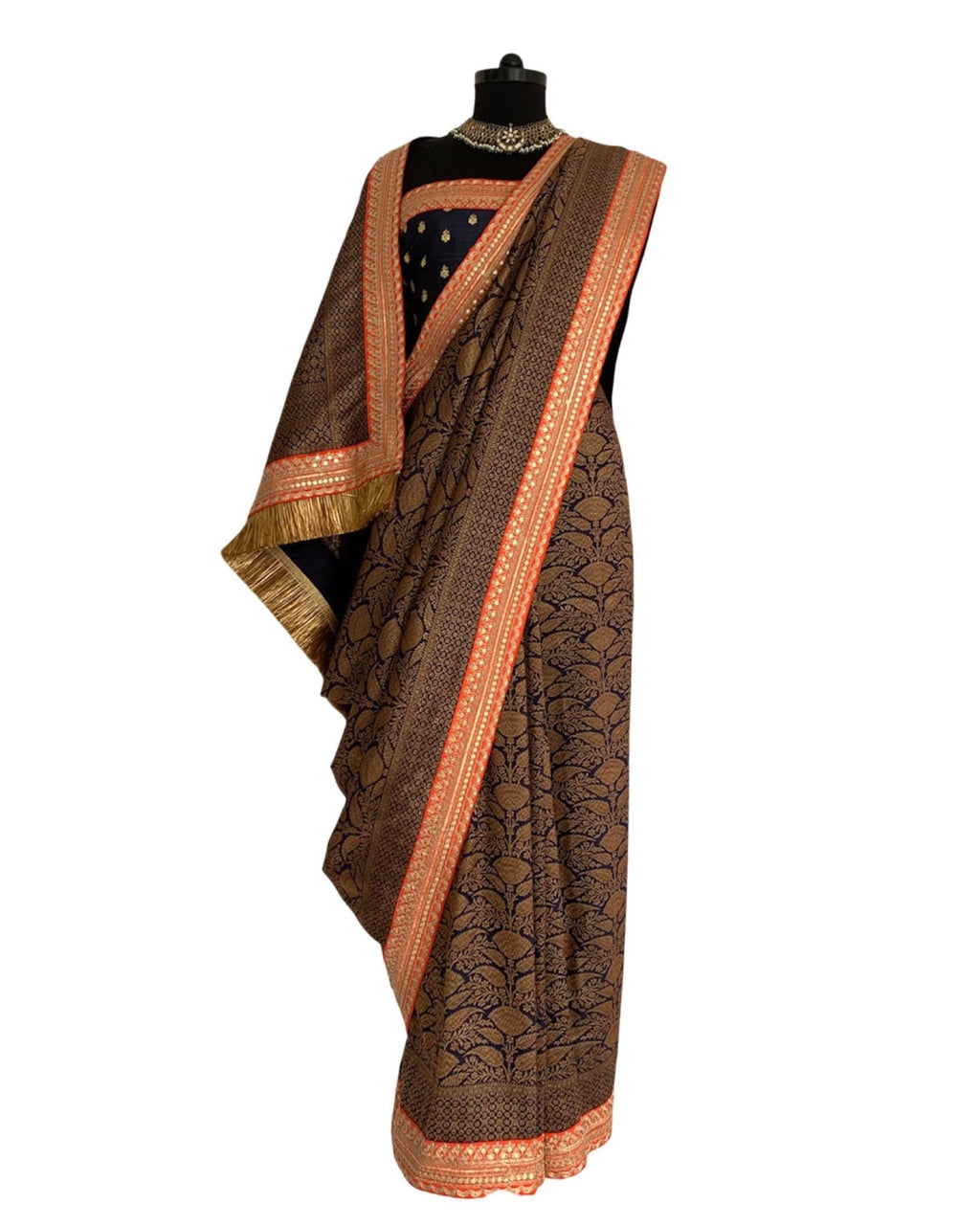 Saree Banarasi - Navy Blue / Orange - Mayura Kumar