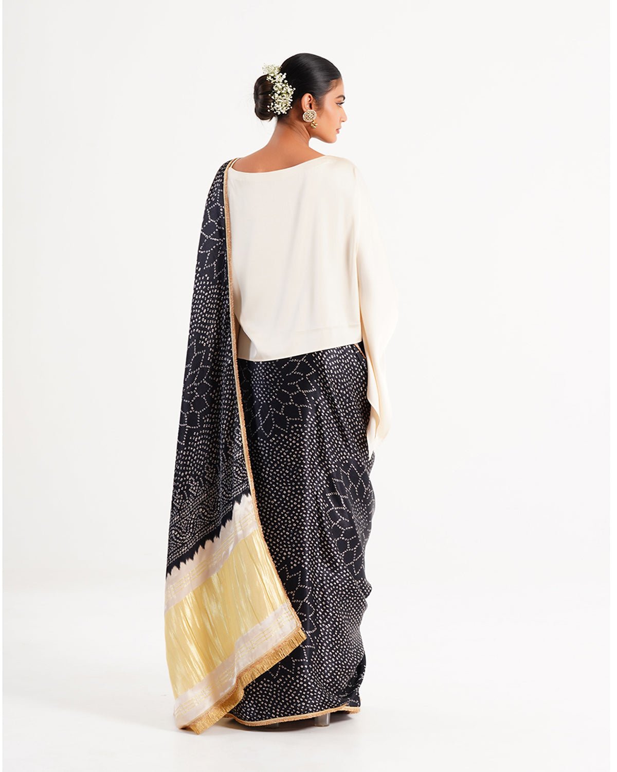 Saree Bandhej Mixology - Ivory / Black /Gold - Mayura Kumar