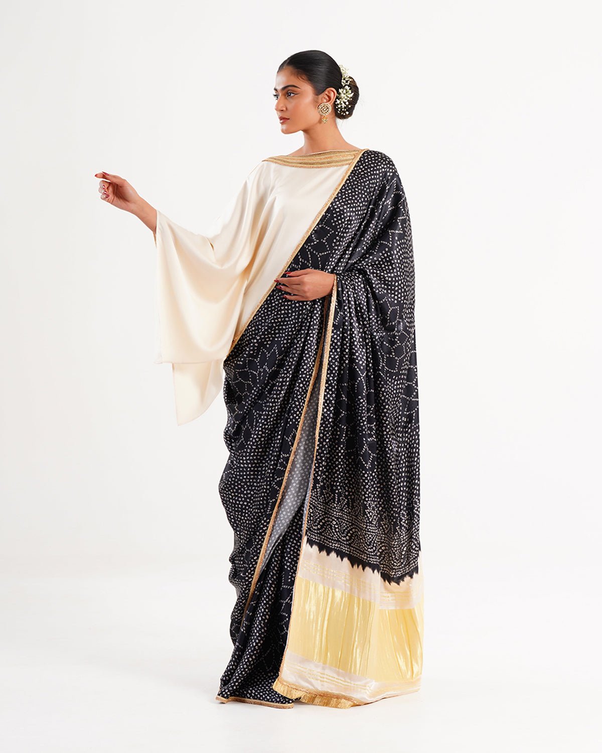 Saree Bandhej Mixology - Ivory / Black /Gold - Mayura Kumar