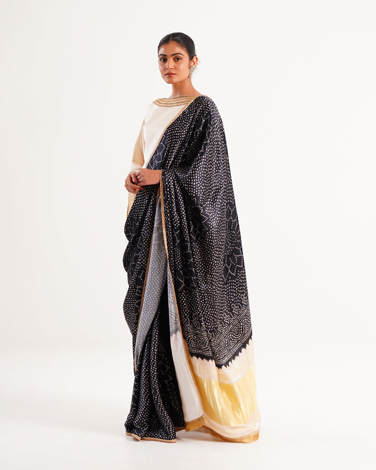 Saree Bandhej Mixology - Ivory / Black /Gold - Mayura Kumar